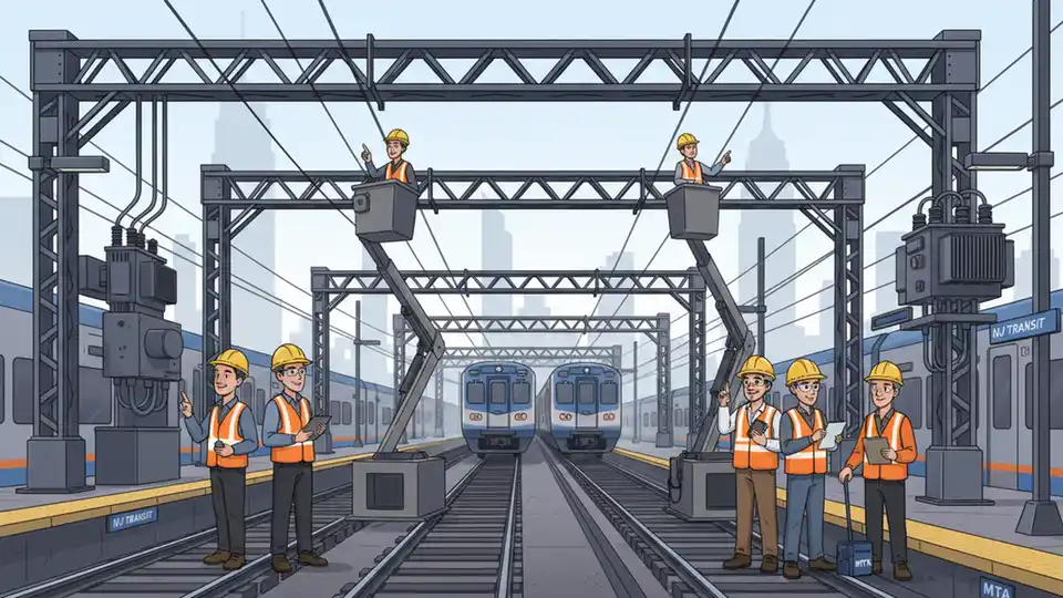Transit workers inspecting overhead power lines and electrical equipment at rail station