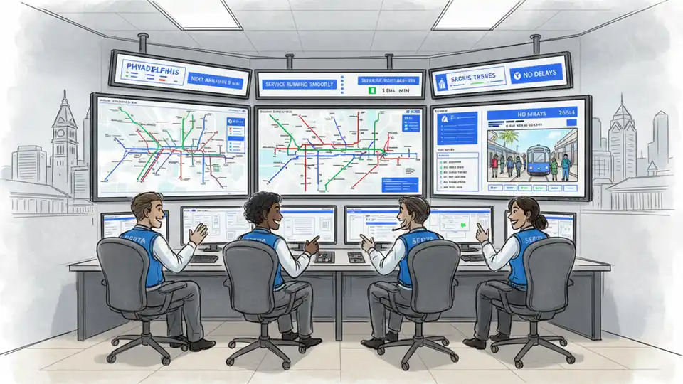 Transit control center with monitors showing trolley routes and service status