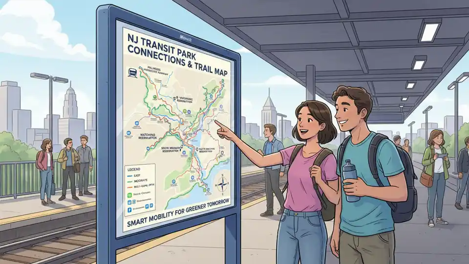 Trail map display at New Jersey transit station showing park connections and hiking routes