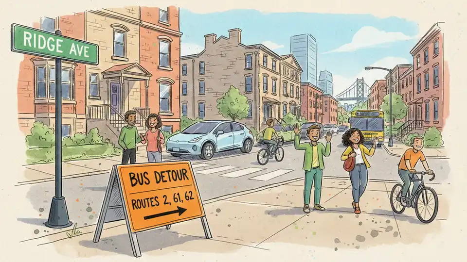 SEPTA bus route detour sign with Ridge Avenue street sign visible