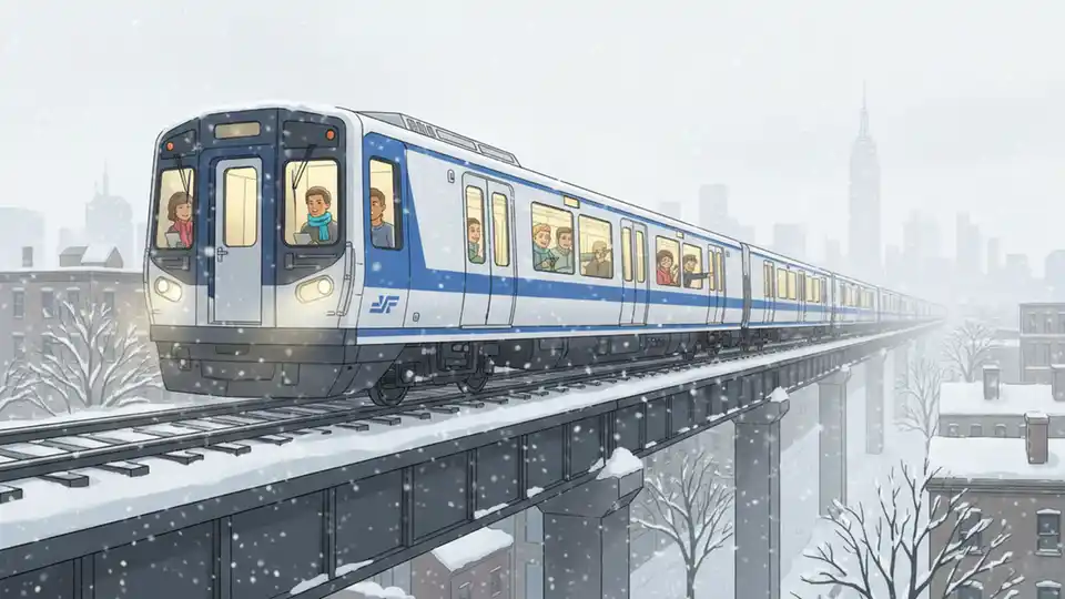 Commuter rail train moving slowly through heavy snow on elevated tracks in New York metropolitan area