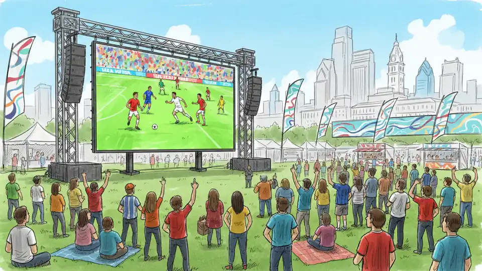 Large outdoor video screen at a public festival with crowds gathered on grass watching a soccer match, representing the fan viewing experience planned for Philadelphia's FIFA Fan Festival