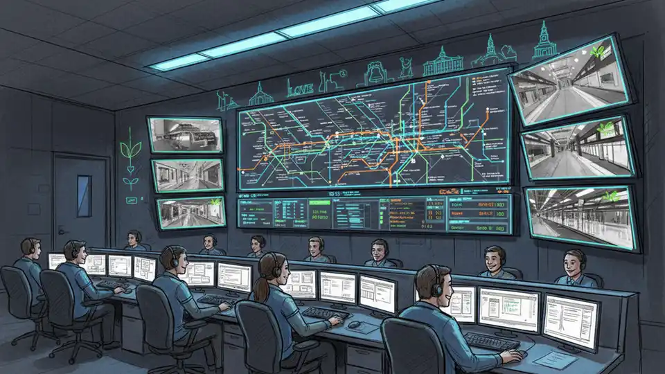 Transit control room with monitors showing train positions and schedules, operators managing service adjustments