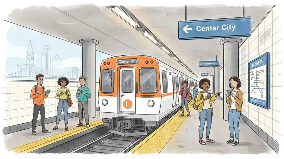 SEPTA L Line train at underground station platform with directional signage to Center City visible