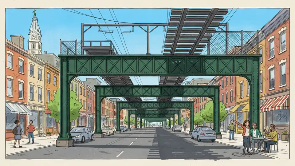 SEPTA elevated train infrastructure with support beams in urban setting