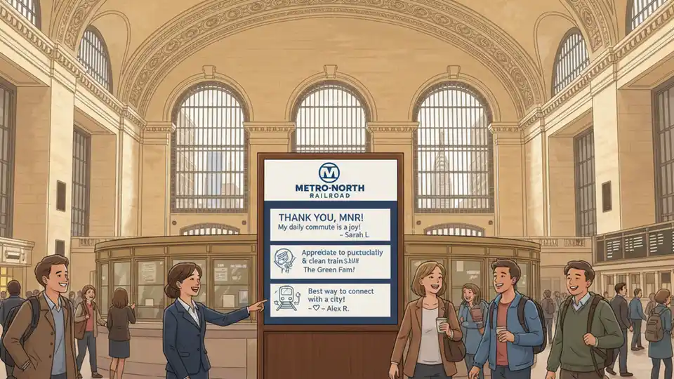 Appreciation board with thank you messages at Grand Central Terminal concourse with Metro-North branding visible