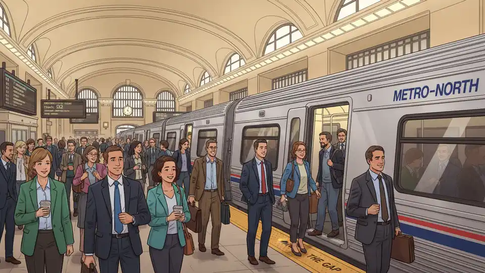 Metro-North train at Grand Central Terminal platform with commuters boarding during morning rush hour