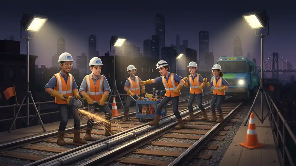 Transit maintenance crew working on train tracks at night with safety equipment and work lights