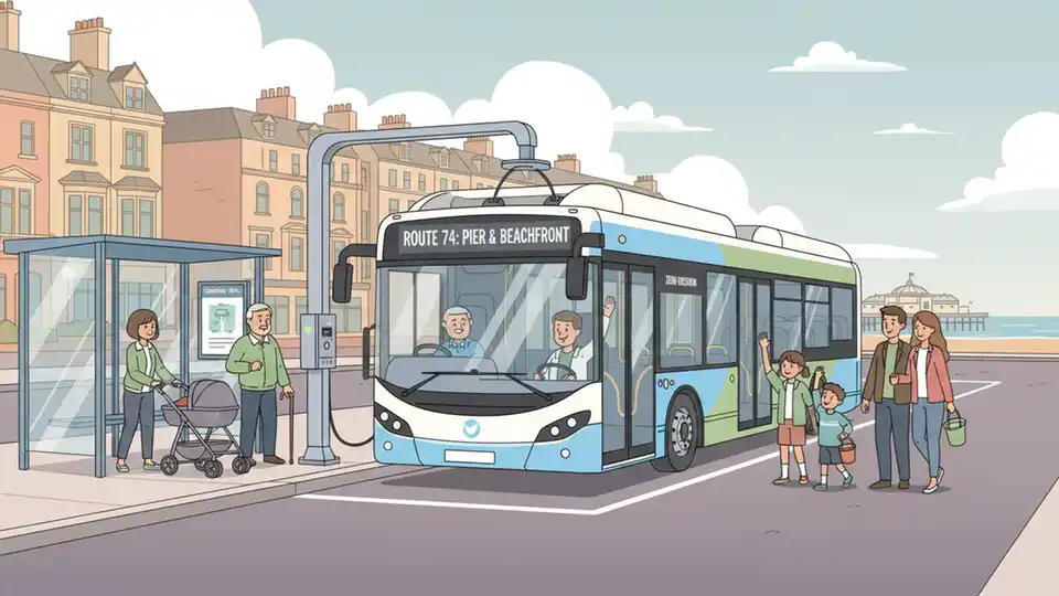 Electric bus at urban transit stop in British seaside town with modern charging infrastructure visible