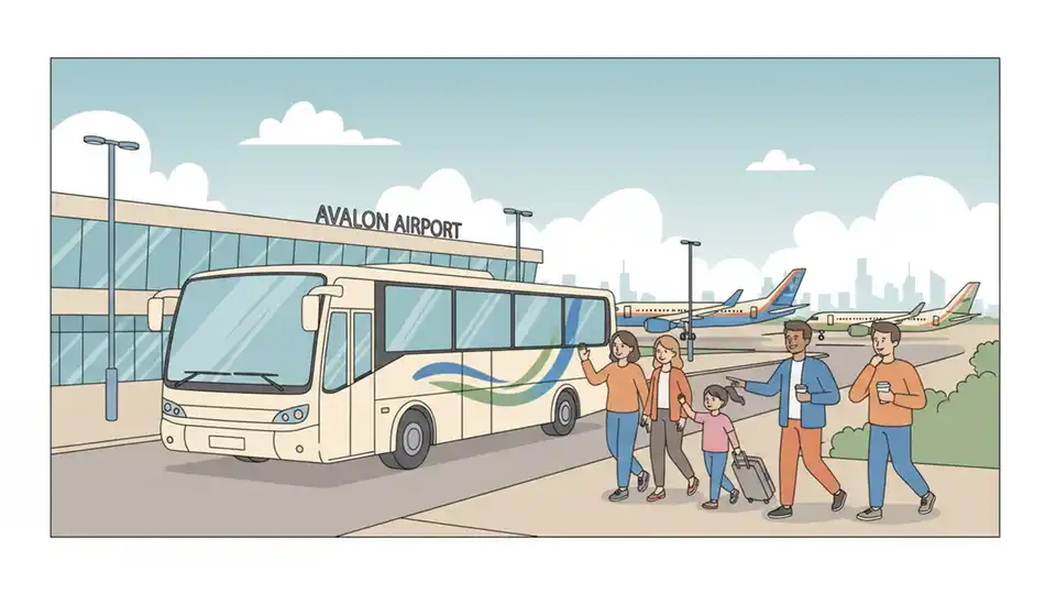 Bus approaching Avalon Airport terminal with aircraft visible in background