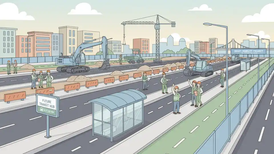Construction site with transit infrastructure development showing road improvements and public transport access points