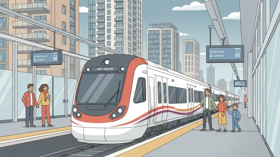 Melbourne Metro Tunnel train at station platform with modern apartment towers visible in background