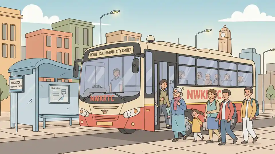 Modern public transit bus with security cameras and GPS tracking equipment, NWKRTC branding visible, passengers boarding at urban bus stop