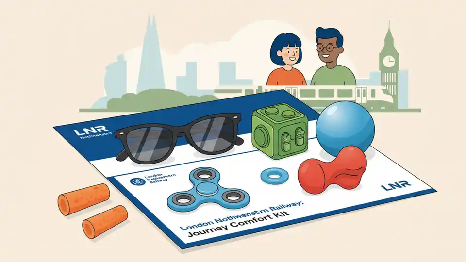 Close-up of sensory pack contents including foam ear plugs, sunglasses, fidget toys, and stress ball laid out on a surface with London Northwestern Railway branding