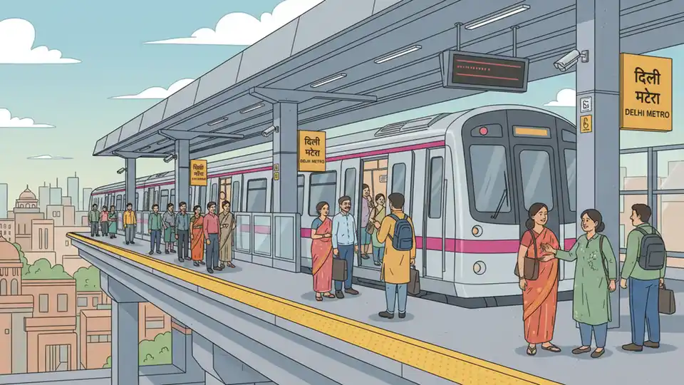 Delhi Metro train at elevated station platform with passengers boarding during daytime operations