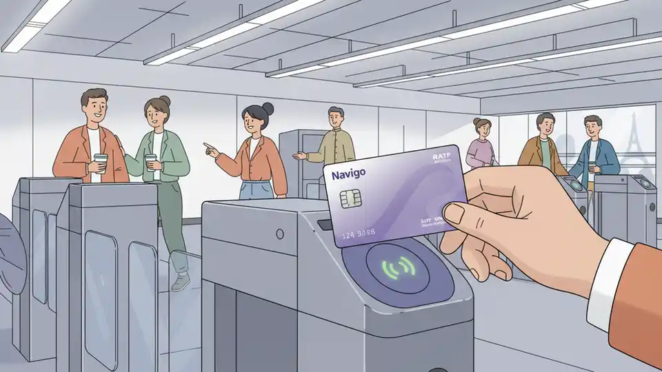 Close-up of Navigo pass card being held near RER station fare gate