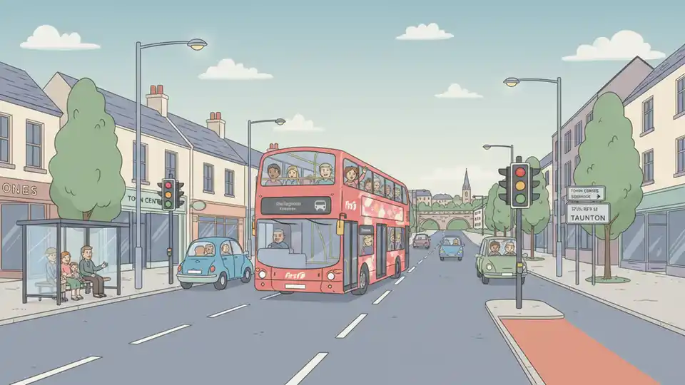 Bus traveling along A38 Wellington Road in Taunton with traffic signals visible, showing western approach to town centre with greenwave bus priority corridor