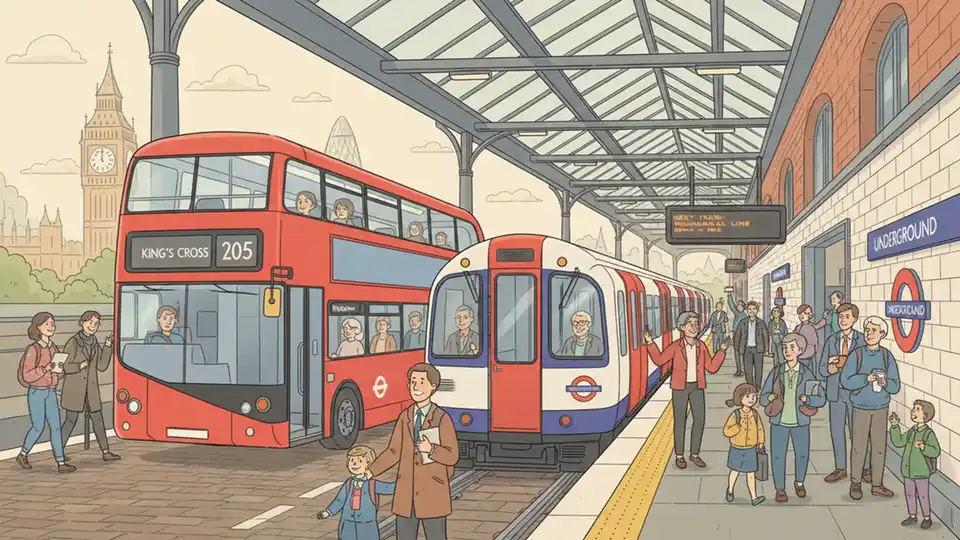 Transport for London bus and Underground train at major interchange station showing integrated transit network serving London commuters