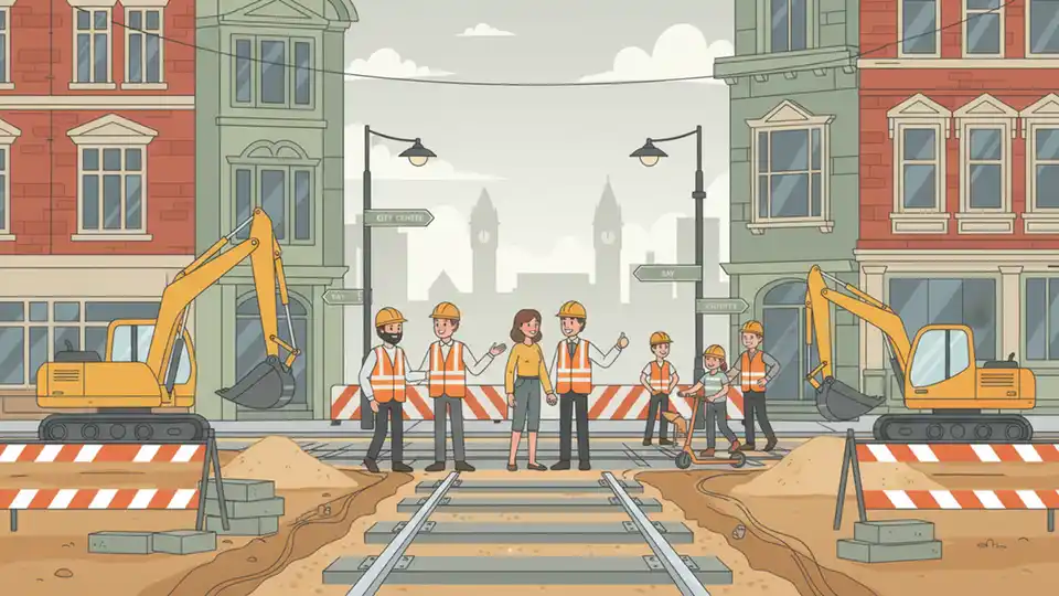 Construction site showing tram track installation and infrastructure work in urban Cardiff setting