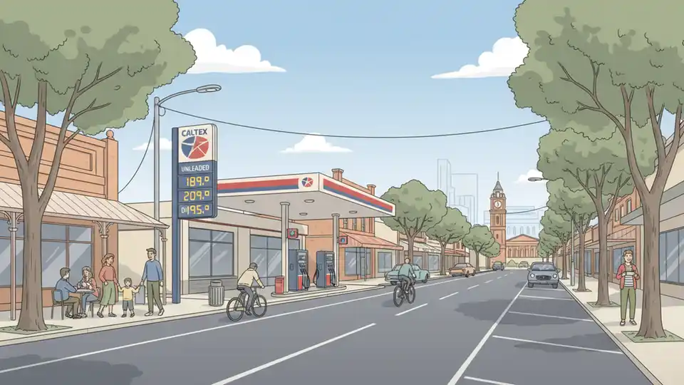 Victoria regional town main street with petrol station and fuel price sign visible