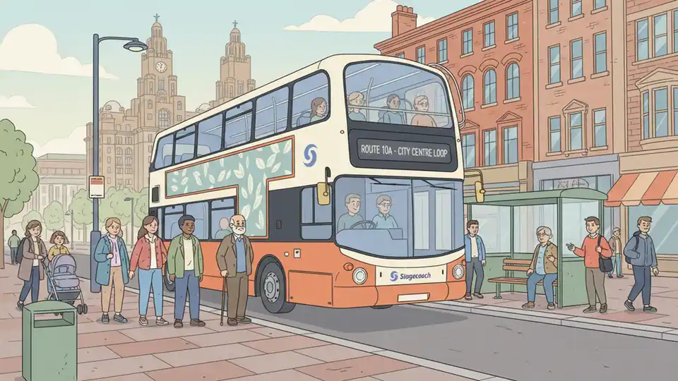 Stagecoach double-decker bus at Liverpool city center stop with passengers boarding