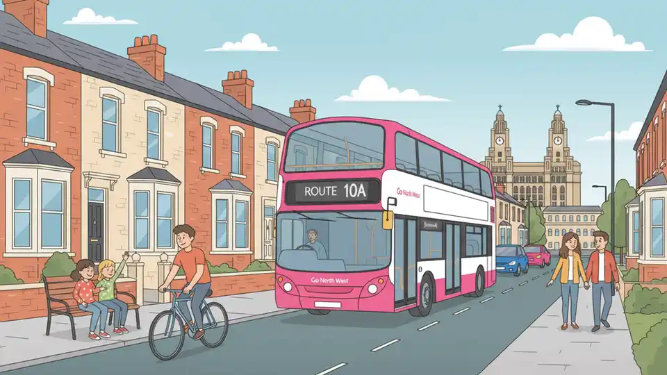 Go North West bus on residential street in Liverpool City Region with route number display