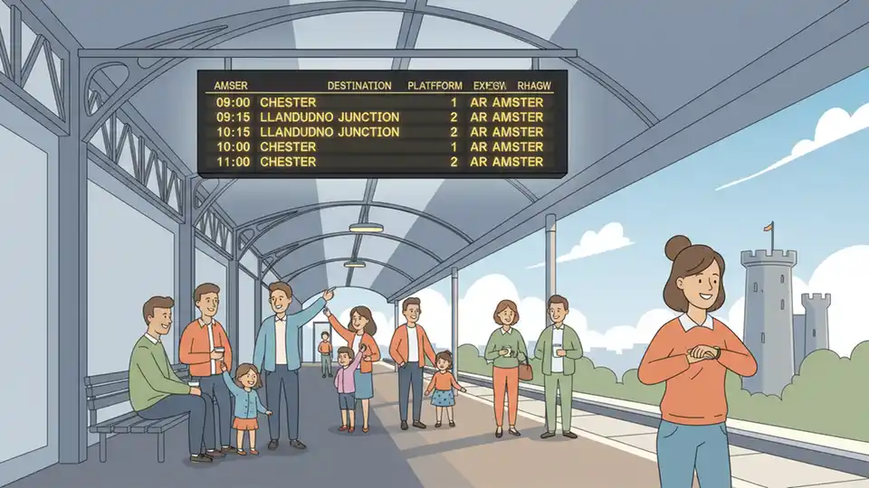 Digital departure board at Welsh railway station showing hourly train schedule, with Chester and Llandudno Junction destinations prominently displayed