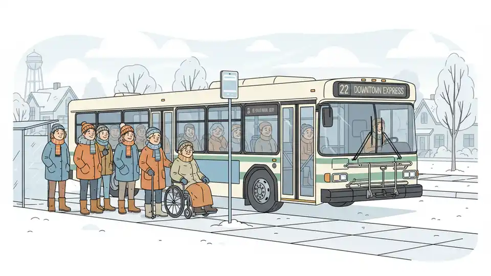 North Dakota transit bus on residential route with passengers boarding