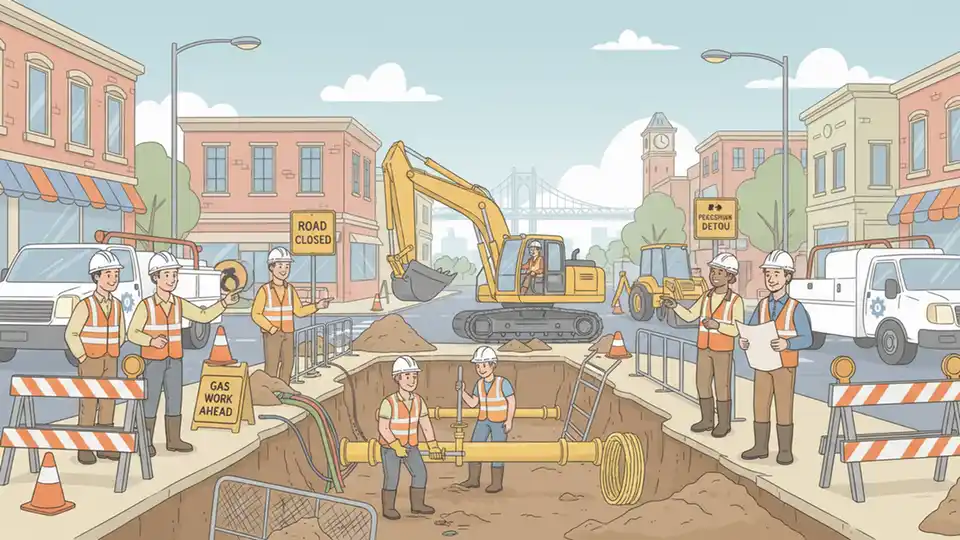 Gas utility workers conducting pipeline replacement work on urban street with construction equipment and safety barriers