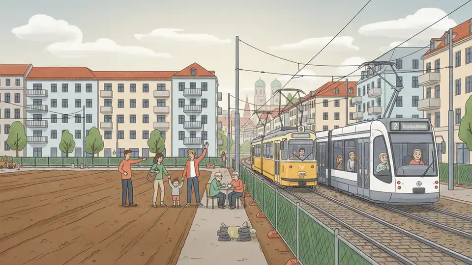 Construction site preparation for new tram depot in Munich, showing cleared land with existing tram tracks nearby and urban development in background