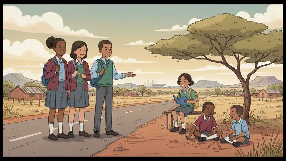 Students waiting at a rural roadside stop for school transport in North West province, South Africa