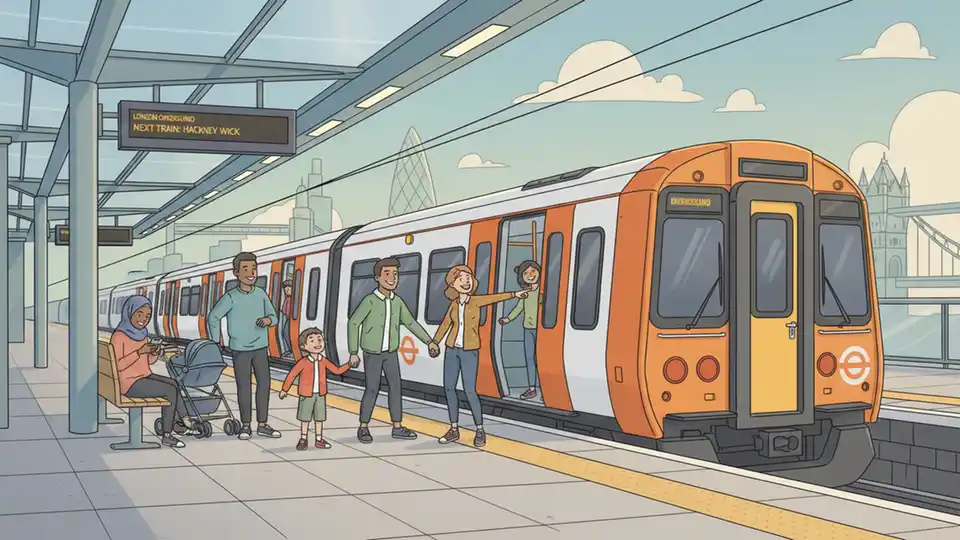 London Overground train at modern station platform with passengers waiting, showing distinctive orange and white livery