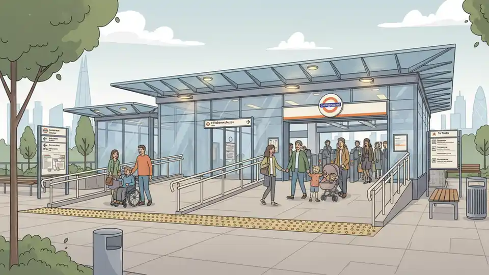 Modern accessible London Overground station entrance with step-free access ramps and wayfinding signage