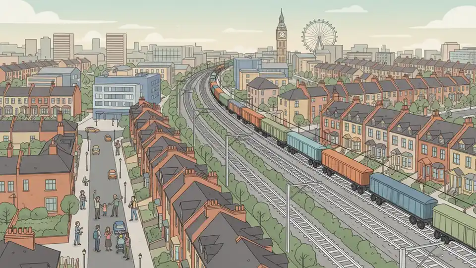 Aerial view of railway tracks and freight line corridor through urban London neighborhoods