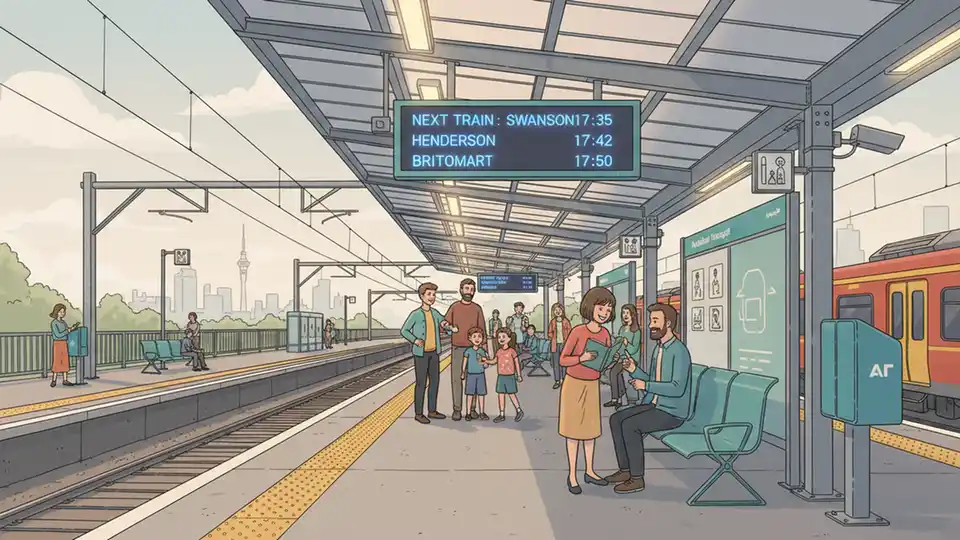 Western line train station platform showing electronic departure board and waiting passengers, Auckland suburban rail infrastructure visible