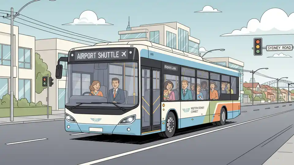 Modern bus on Sydney road approaching Western Sydney region, representing new airport shuttle services connecting multiple suburbs