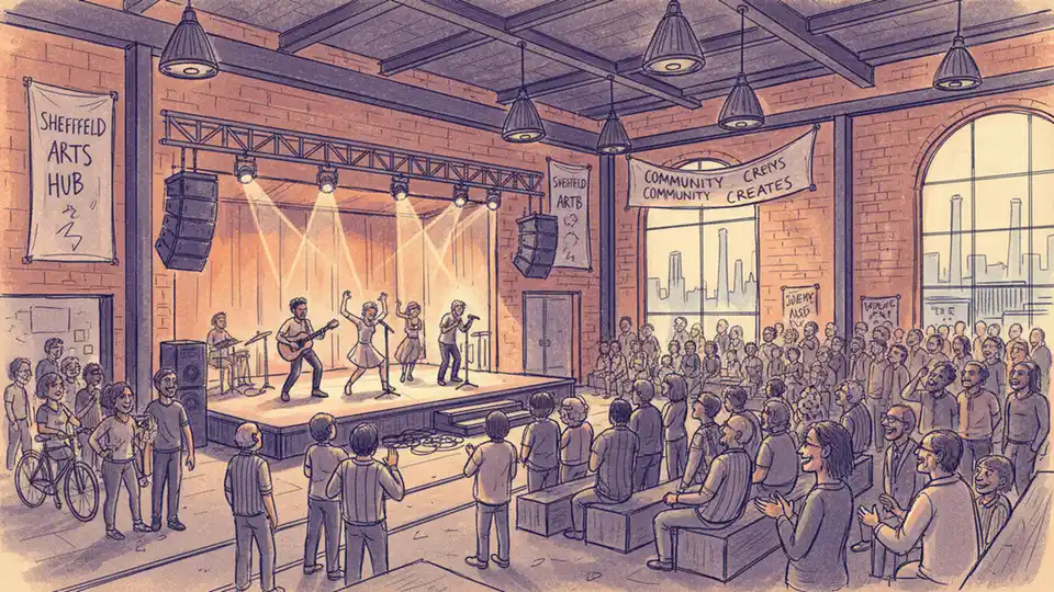 Sheffield cultural venue with people attending arts event, showing diverse community engagement in music and performance