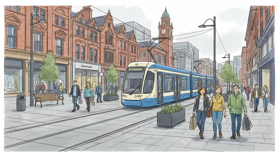Sheffield city center with historic buildings and modern tram passing through busy street with pedestrians