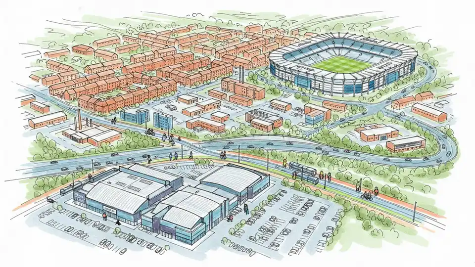 Aerial view of proposed tram corridor from Elland Road stadium to White Rose shopping centre in Leeds showing urban landscape and potential transit route