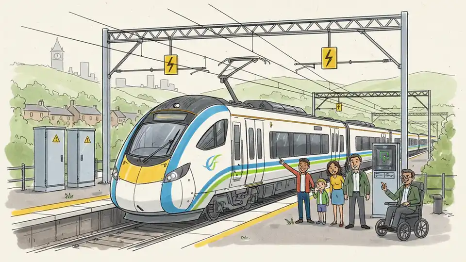 Battery-electric bi-modal train at charging station with partial overhead wire infrastructure