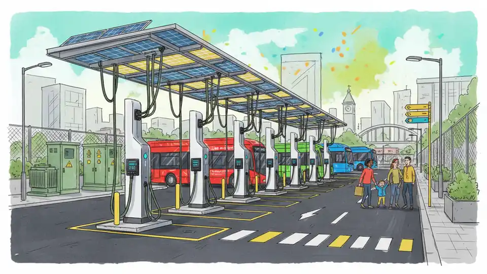 Electric bus charging station with modern charging infrastructure and multiple bays, showing technical equipment and urban transit setting