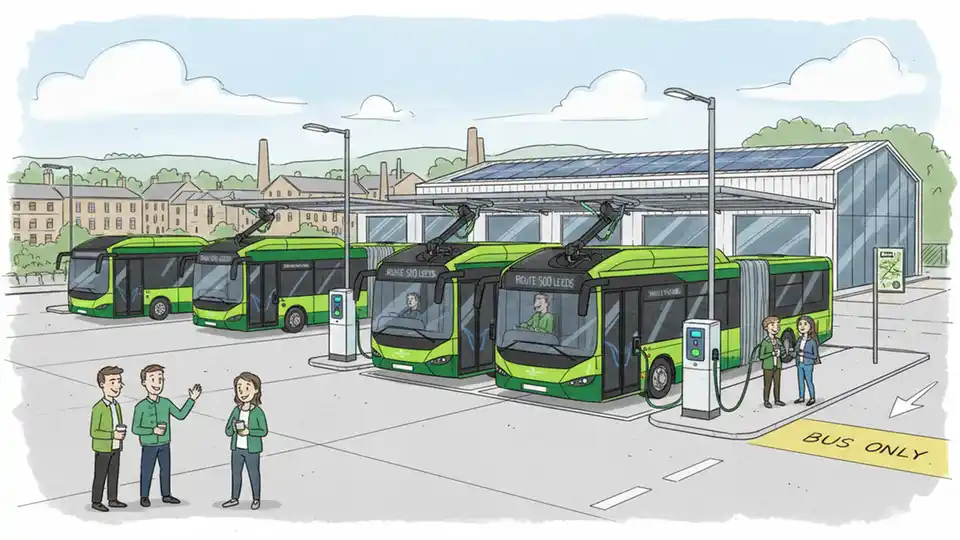Modern bus depot with charging infrastructure and green buses in West Yorkshire