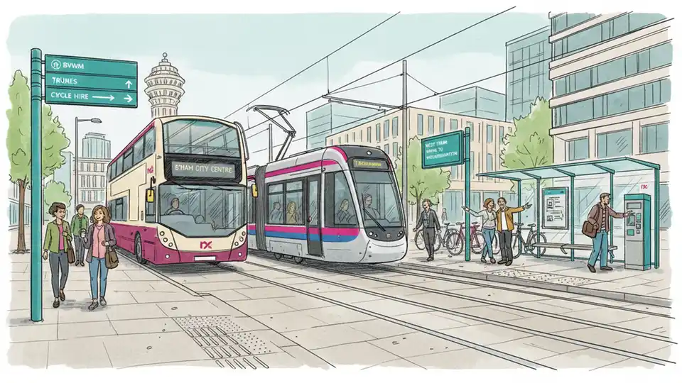 West Midlands bus and tram at integrated transit hub showing multimodal connections