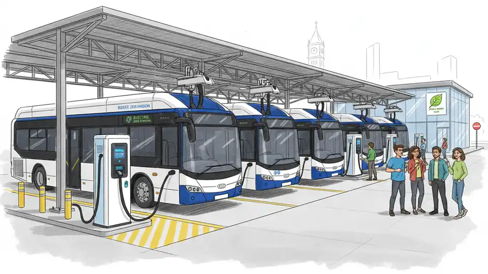 Electric bus charging station at modern transit depot with charging infrastructure