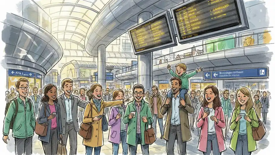 Passengers checking departure boards and using mobile phones at Birmingham New Street station during service disruption