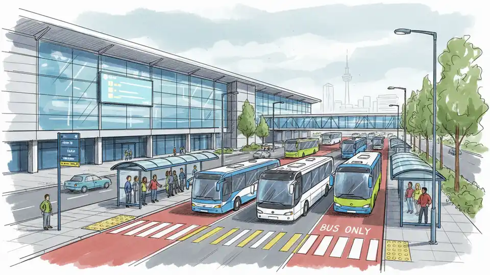 Birmingham Airport terminal exterior with transit infrastructure and bus lanes visible