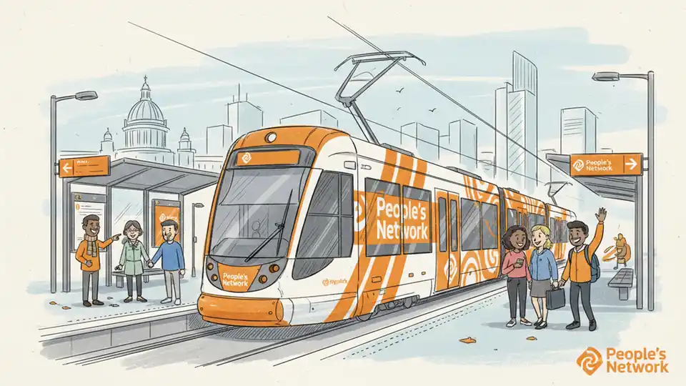 South Yorkshire tram with molten orange People's Network branding at urban station platform, modern design with bold orange accents on vehicle exterior and station signage