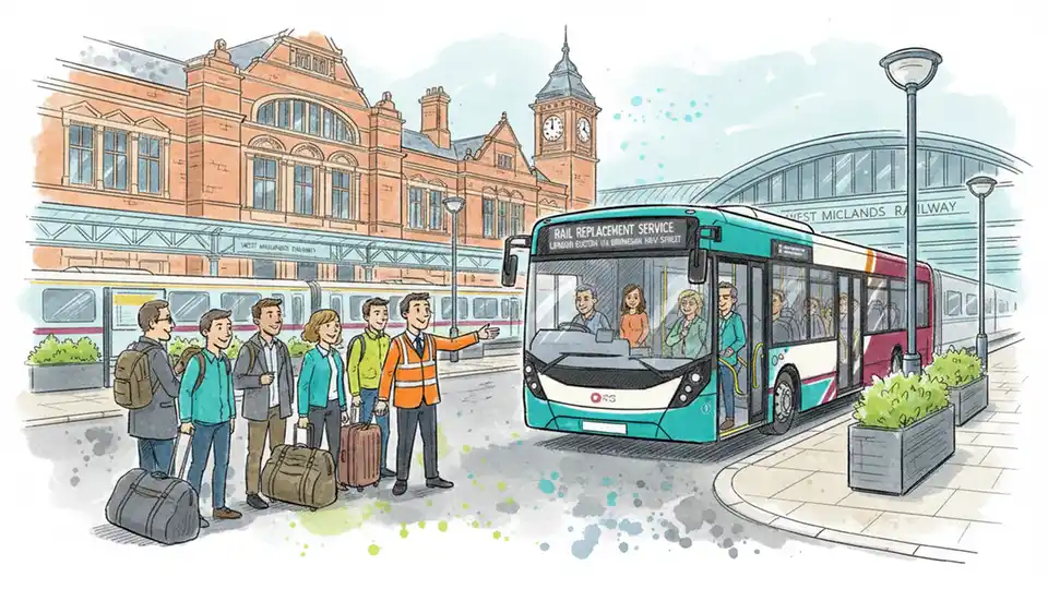Replacement bus service at railway station with passengers boarding during train disruption
