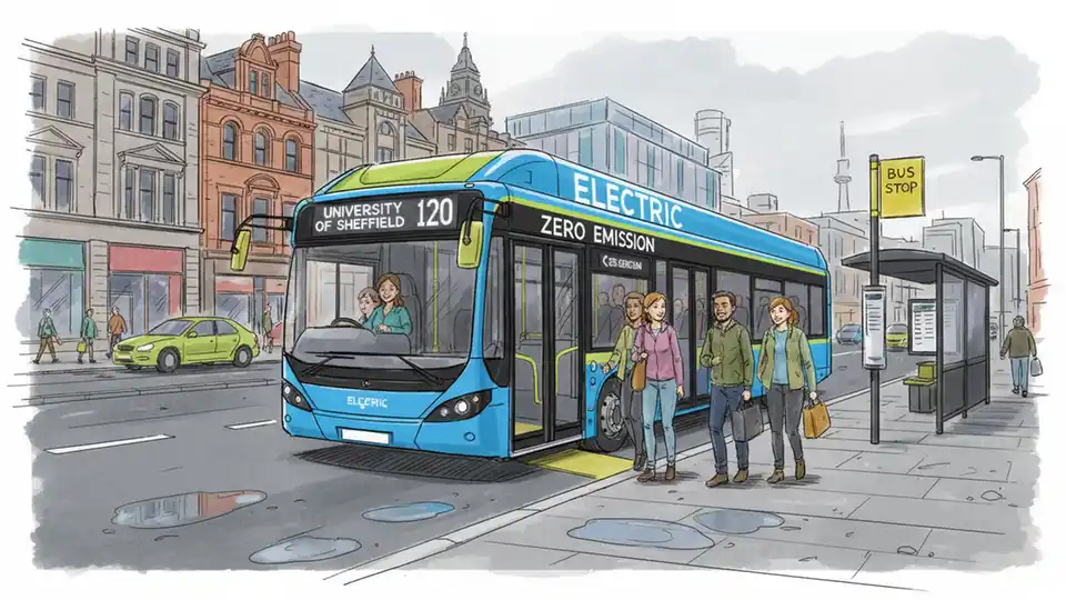Modern electric bus on city street in Sheffield with passengers boarding at bus stop