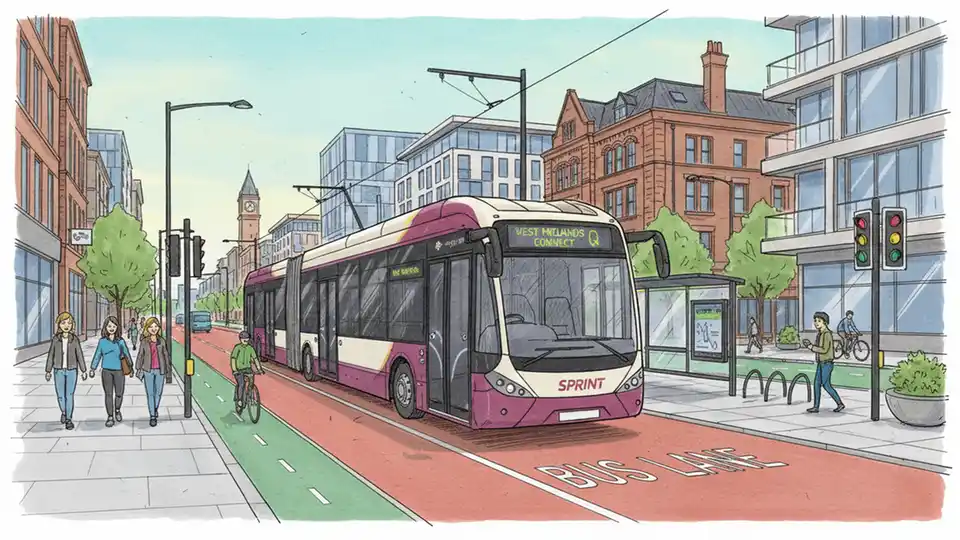Modern electric bus with tram-like features on dedicated bus lane in West Midlands urban corridor